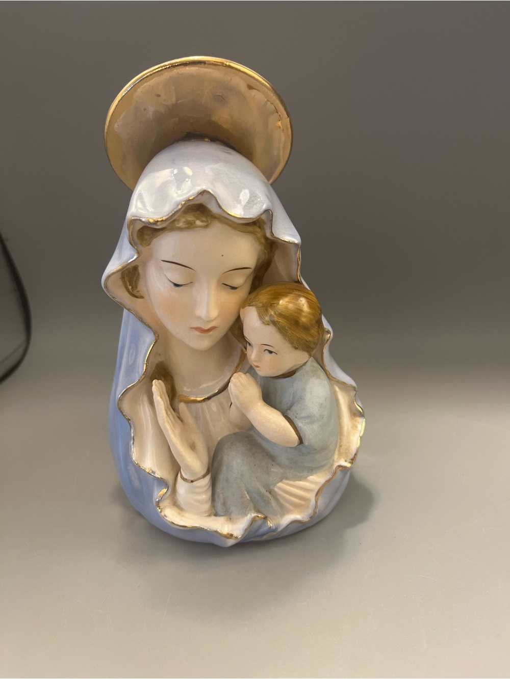 Vintage Madonna & Baby Jesus Porcelain Planter Gold Rim Artmark Catholic Mary